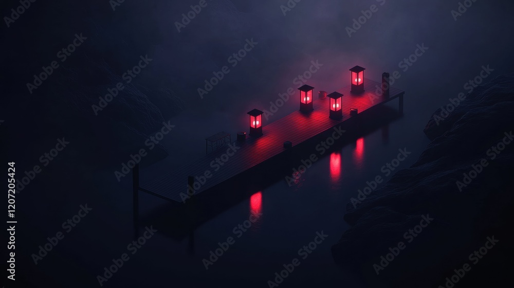 Poster a dark image of a dock with three red lights on it