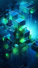 Digital technology blue and green cube engineering poster background