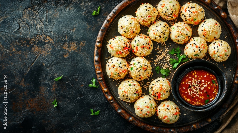 Poster a tempting platter of cheese balls arranged in a circle, sprinkled with sesame seeds and served with