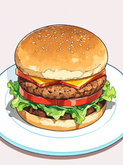 delicious burger illustration, anime art style
