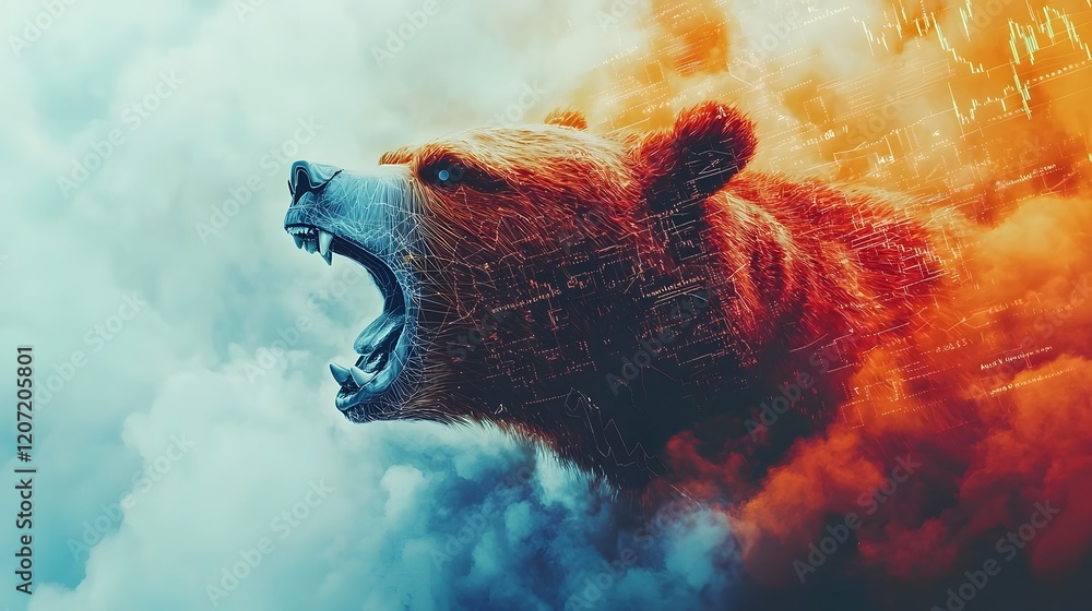 Poster Digital financial landscape showcasing the dynamic interplay between bearish and bullish forces symbolizing the volatility and intensity of the market  This image combines data visualization