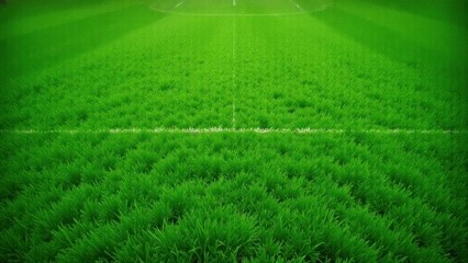 Lush green soccer field showing center line and goal area markings