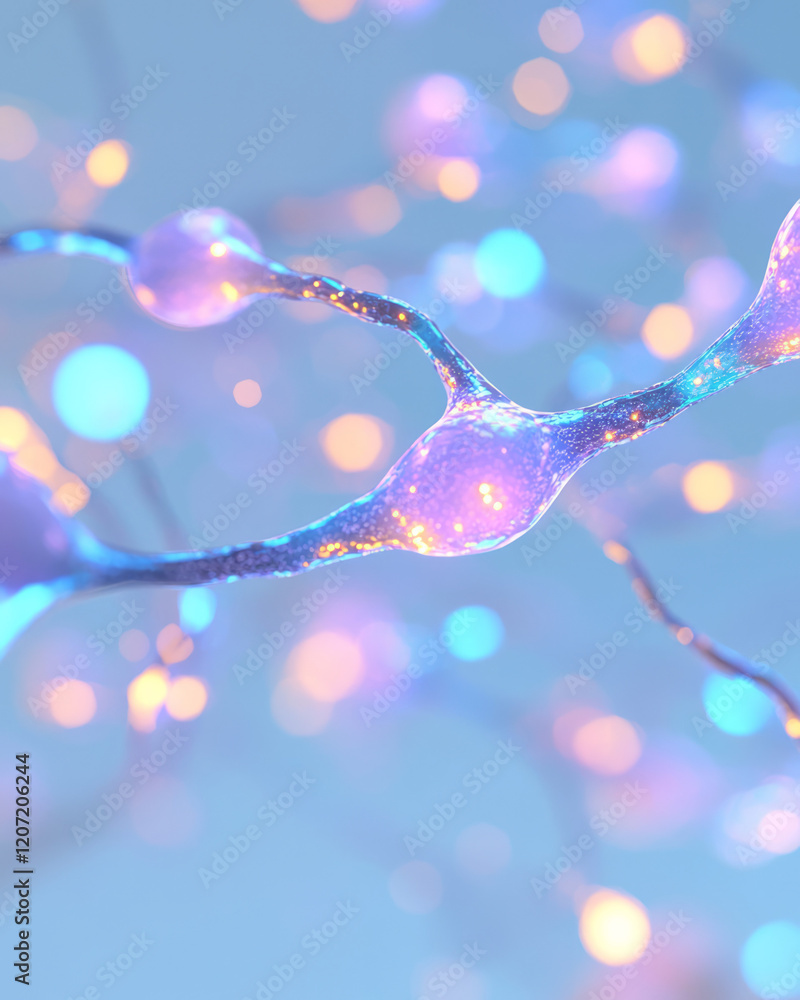 Poster a creative visualization of a neural network with complex pathways and glowing nodes in a soft blue 