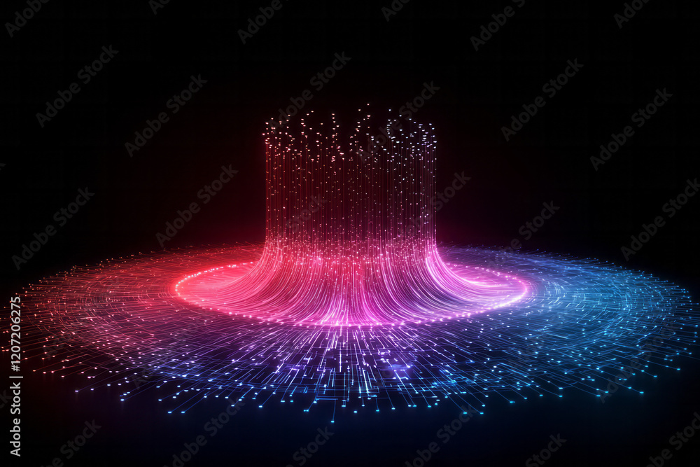 Poster a futuristic network visualization with interconnected glowing nodes and complex patterns on a dark 