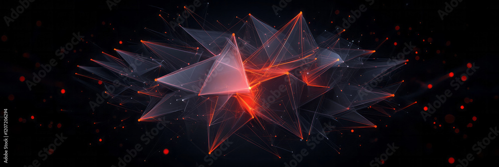 Poster a vibrant network design with sharp angles and glowing red and yellow connections on a dark backgrou