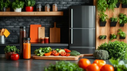 Modern kitchen with fresh vegetables and healthy ingredients ready for cooking