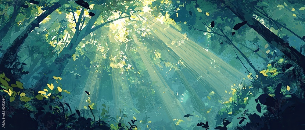 Poster a serene forest scene with sunlight filtering through lush green trees, creating a peaceful and tran