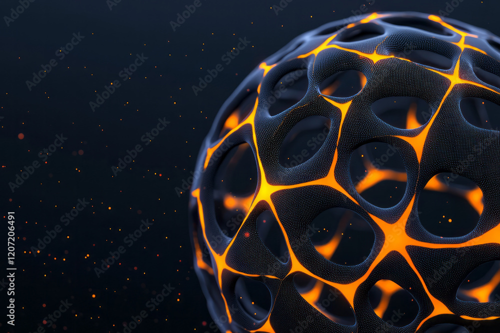 Poster a creative 3d rendering of a spherical network with intricate interwoven connections and glowing edg