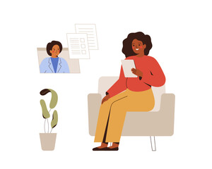Telemedicine and online appointment. African american pregnant woman and doctor have video call. gynecologist provides a remote consultation, gives recommendations and a prescription for medications