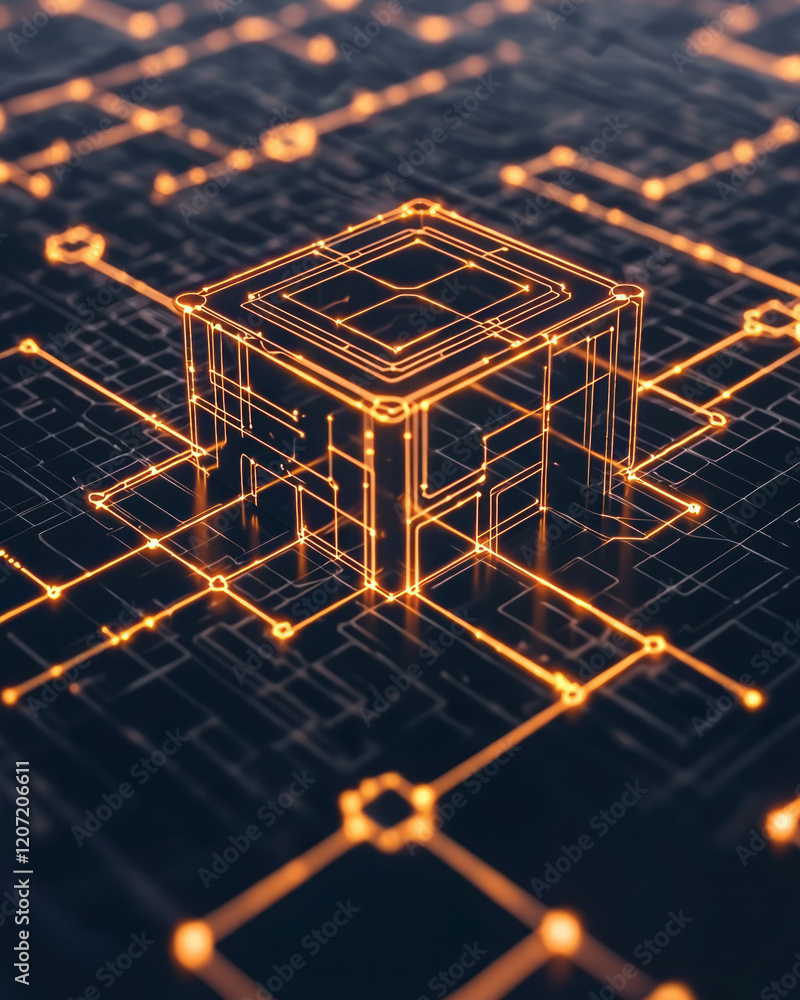 Poster a futuristic concept of a blockchain network, featuring a glowing lattice with intricate geometric p