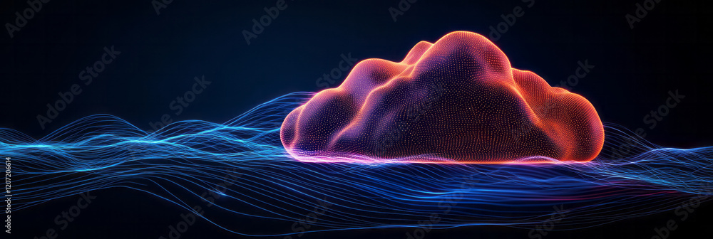 Poster a serene visualization of a cloud computing network, with glowing data points forming an intricate s