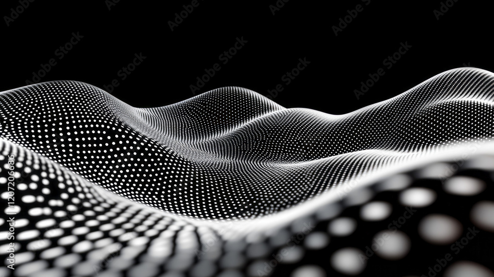 Poster an abstract wave-like network structure with flowing lines and dynamic points of connection, symboli