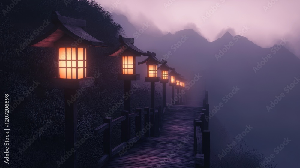 Poster a path with lanterns lit up in the dark