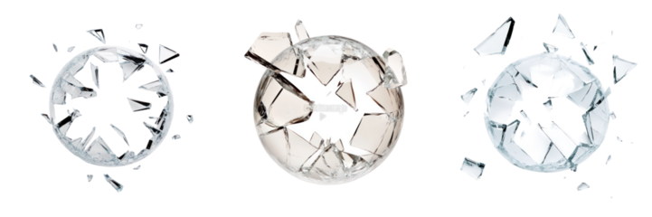 Shattered crystal spheres with glistening shards create dynamic visual impact
