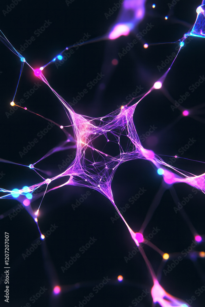 Poster a conceptual artwork showcasing the complexity of a digital network, with intertwining lines and bol