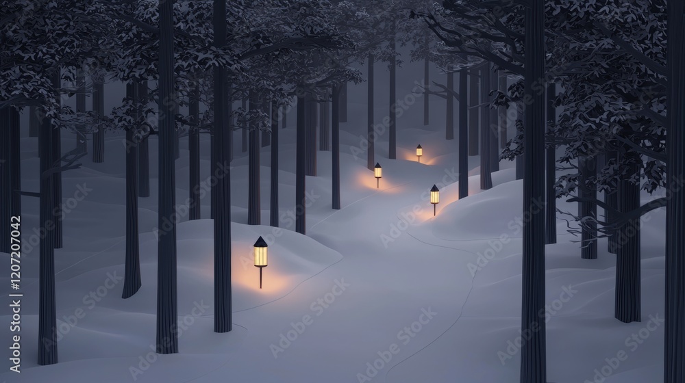 Poster a snowy forest with three lit lanterns on a path