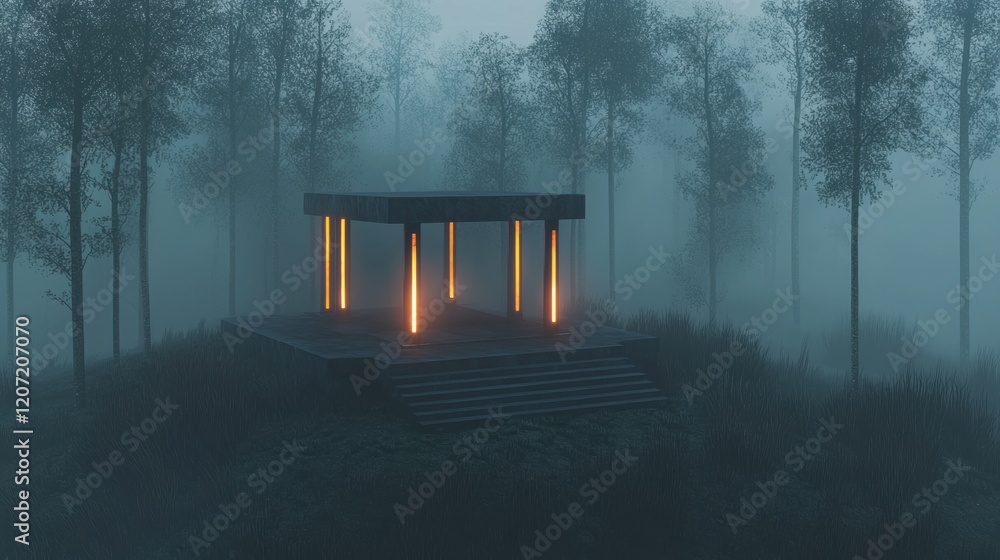 Poster a dark forest with a small structure in the middle