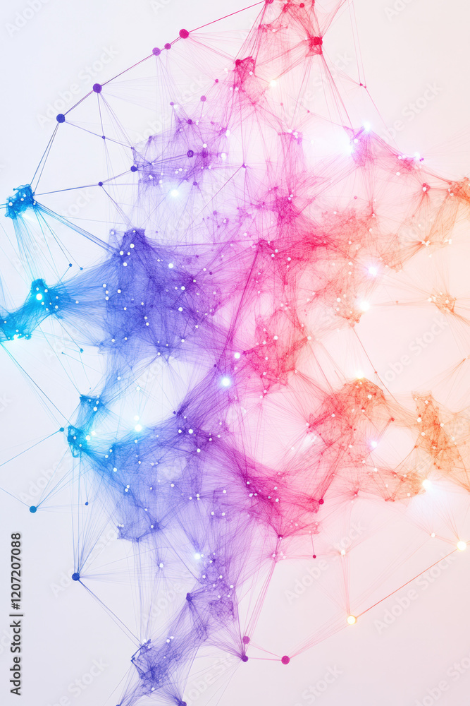 Poster a conceptual artwork showcasing the complexity of a digital network, with intertwining lines and bol