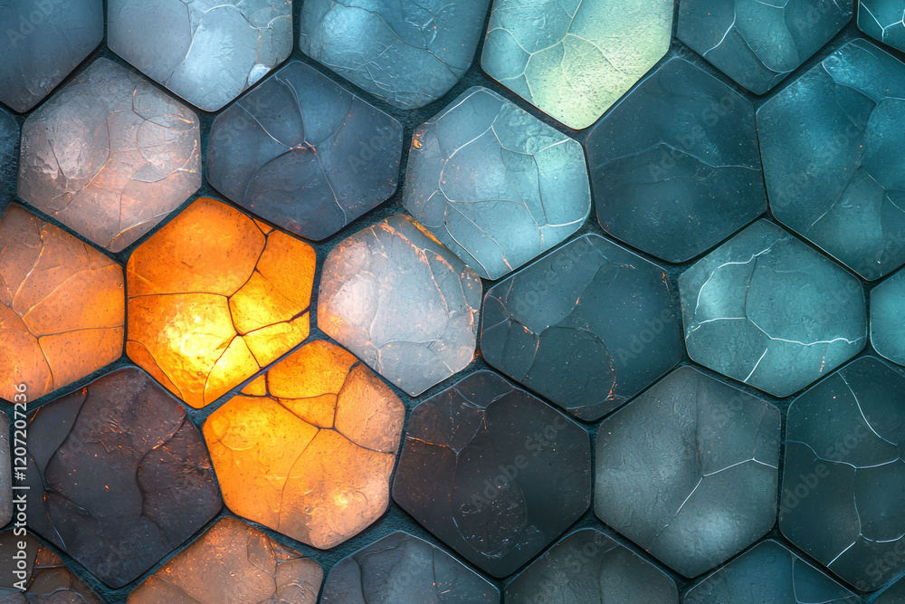 Poster a mesmerizing abstract glass network with intricate hexagonal patterns and vibrant light reflections