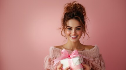 A cheerful woman is smiling while holding a wrapped gift adorned with a pink bow. She wears a soft pink sweater and has her hair styled in loose waves, creating a joyful atmosphere