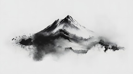 Majestic Peak in Ink: A minimalist ink wash painting depicts a majestic mountain peak shrouded in mist, evoking serenity and contemplation.