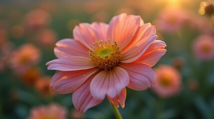 Obraz premium Close-up of a blooming pink flower in a sunlit field with a soft, blurred background
