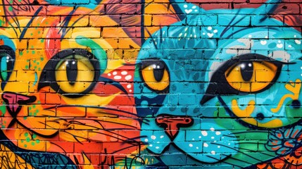 Fototapeta premium Vibrant Graffiti Mural of Two Cats on a Brick Wall: Urban Street Art Masterpiece