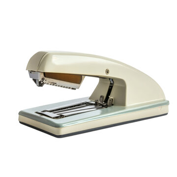 Stapler with an open loading tray, isolated on a white background.