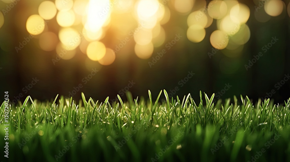 Poster a close-up view of lush green grass illuminated by soft sunlight, creating a serene and tranquil atm