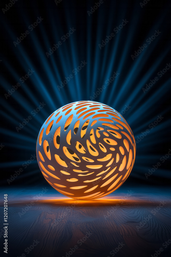 Poster an elegant abstract 3d sphere adorned with geometric perforations, illuminated by soft ambient light