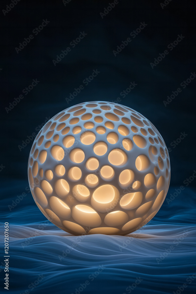 Poster an elegant abstract 3d sphere adorned with geometric perforations, illuminated by soft ambient light