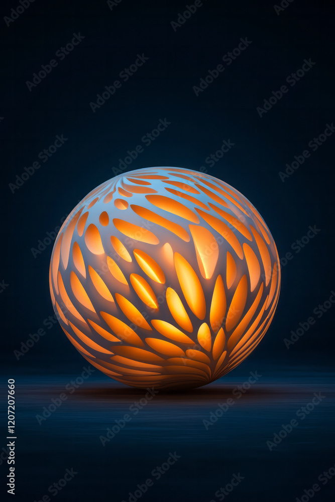 Poster an elegant abstract 3d sphere adorned with geometric perforations, illuminated by soft ambient light
