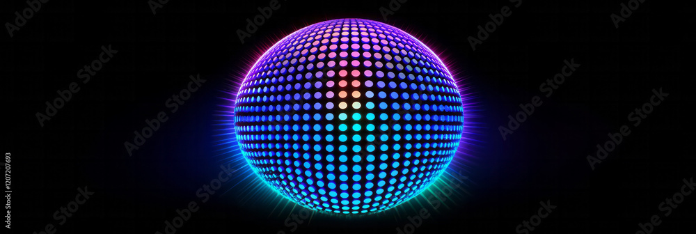 Poster a dynamic abstract 3d sphere with symmetrical perforations in neon blue and green hues, creating a f