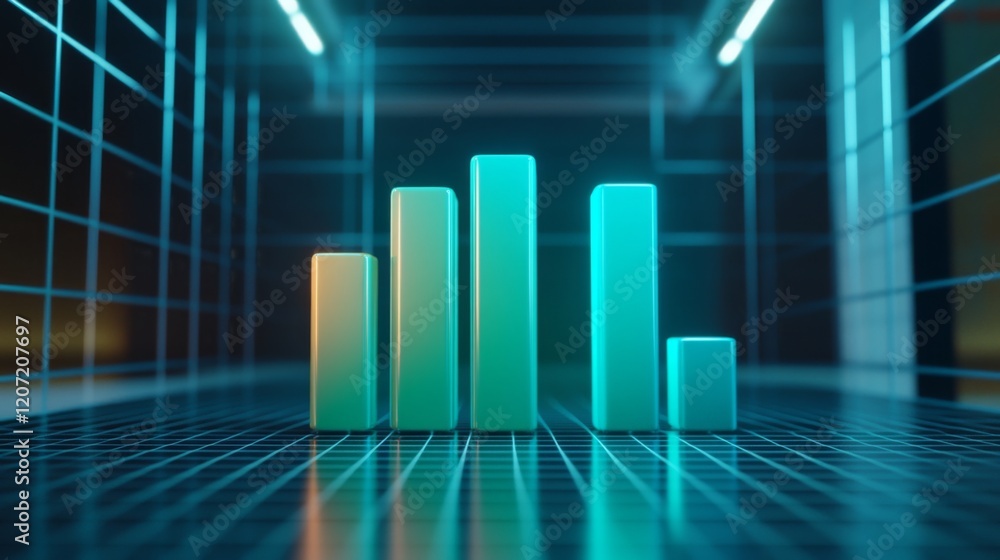 Aufkleber a vibrant d bar graph with gradient bars in shades of blue and green, positioned on a dark grid back