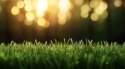 Obraz premium A close-up view of lush green grass illuminated by soft sunlight, creating a serene and tranquil atmosphere with a blurred background.