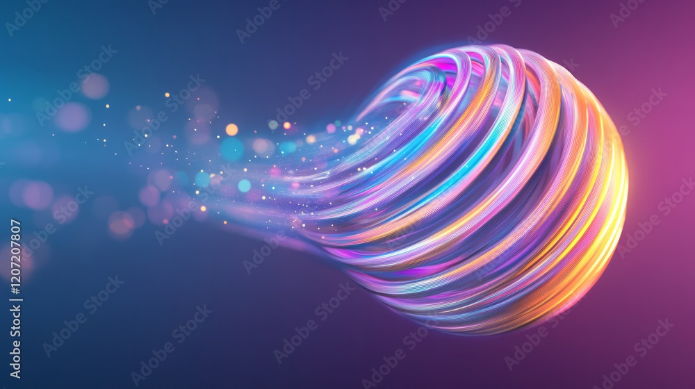 Poster a vibrant abstract 3d sphere with asymmetric perforations, using bright colors and dynamic lighting 