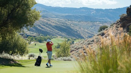 Male golfer taking a swing on a beautiful mountain course at a golf resort, his golf bag standing nearby. Perfect for golf enthusiasts and nature lovers.