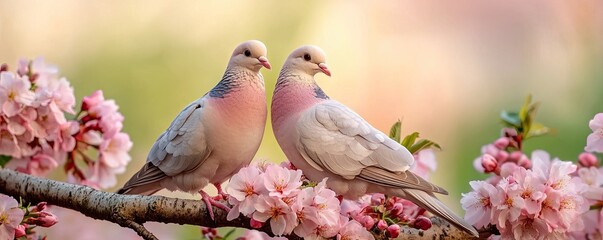 Fototapeta premium Two doves perched on a branch, surrounded by beautiful pink cherry blossoms, creating a serene and romantic spring scene.