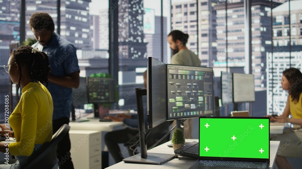 Poster green screen laptop on desk in workspace with admins in background doing software quality assurance.