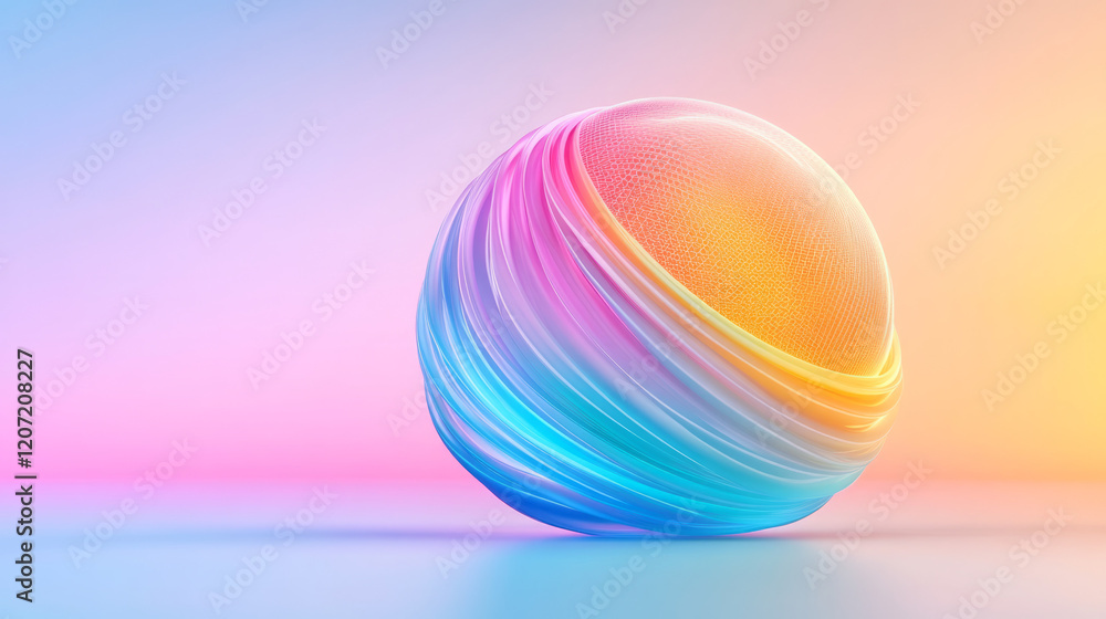 Poster a bold abstract 3d sphere with geometric perforations and contrasting color gradients, creating a vi