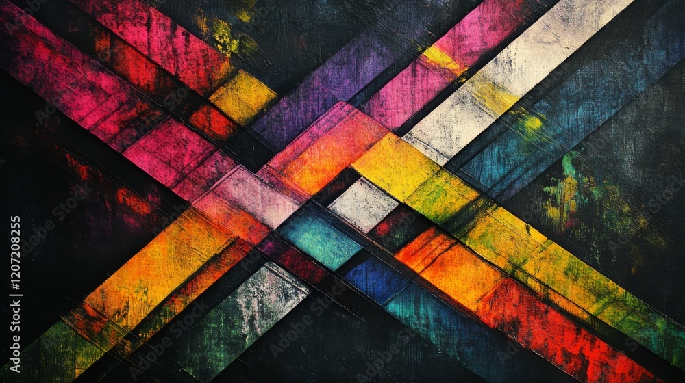 Poster a vibrant abstract composition of colorful diagonal lines crossing each other on a dark background, 