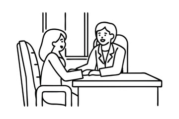 An Asian doctor converses with a patient in a well-lit office, fostering a supportive healthcare environment Line art flat vector illustration
