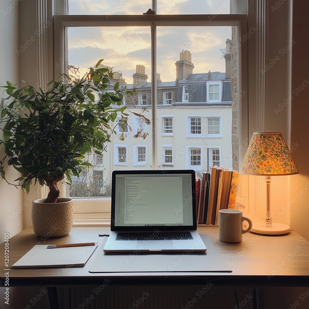 Poster a sleek laptop rests on a polished desk, bathed in natural light streaming through a large window, c