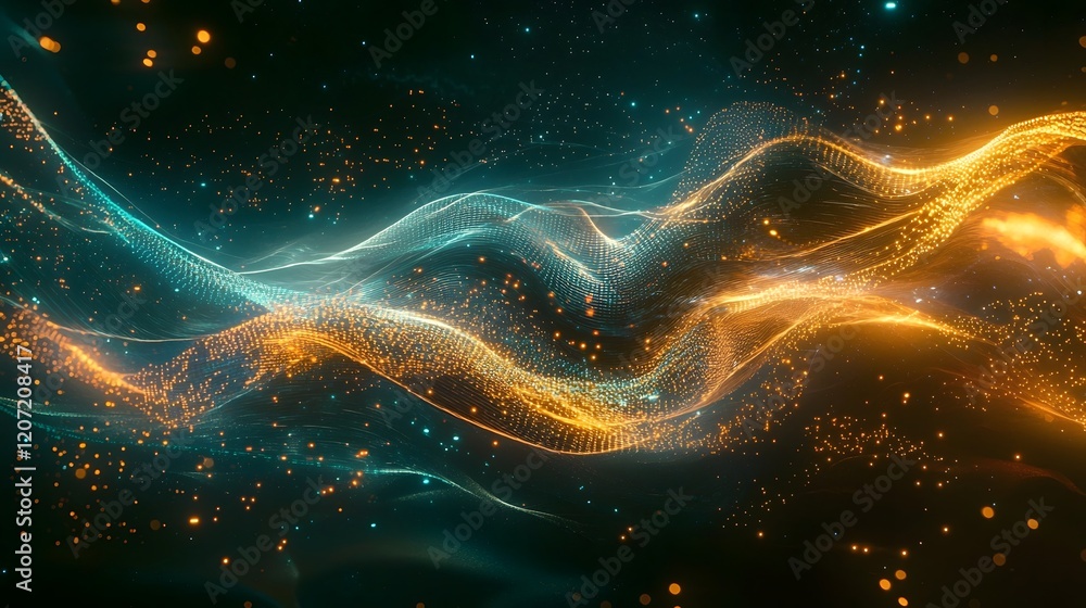 Poster futuristic glowing abstract data visualization with dynamic lines shapes and energy patterns merging