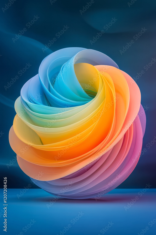 Poster a vibrant abstract 3d sphere with layered perforations and dynamic color transitions, emphasizing de