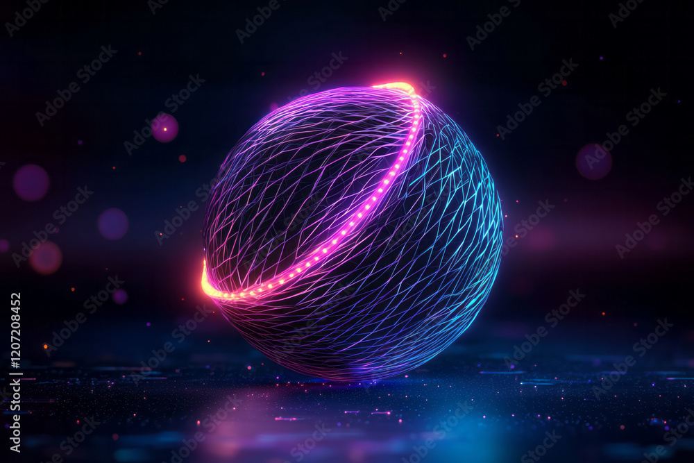 Aufkleber an intricate abstract 3d sphere featuring triangular perforations and a blend of metallic and neon c