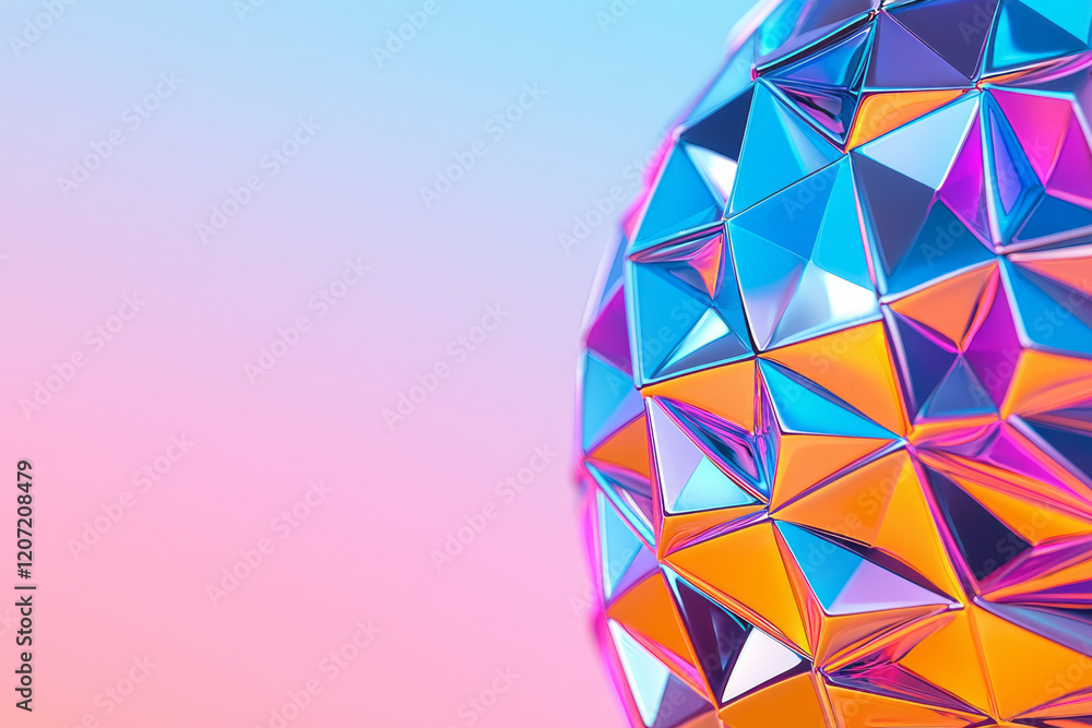 Poster an intricate abstract 3d sphere featuring triangular perforations and a blend of metallic and neon c