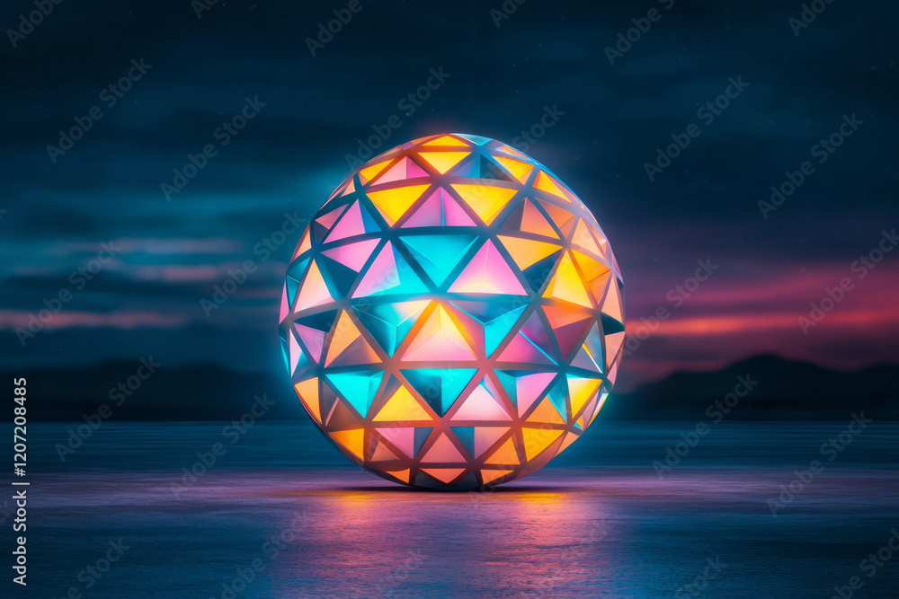 Poster an intricate abstract 3d sphere featuring triangular perforations and a blend of metallic and neon c