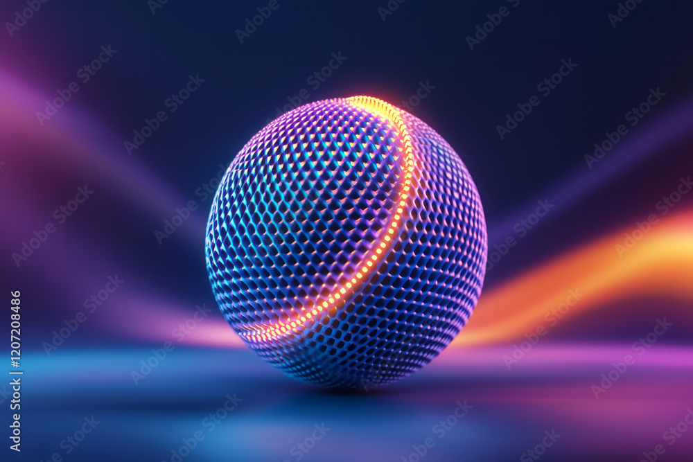 Aufkleber an intricate abstract 3d sphere featuring triangular perforations and a blend of metallic and neon c