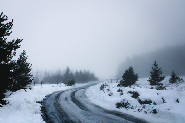 Ice road on the mountains after snow storm